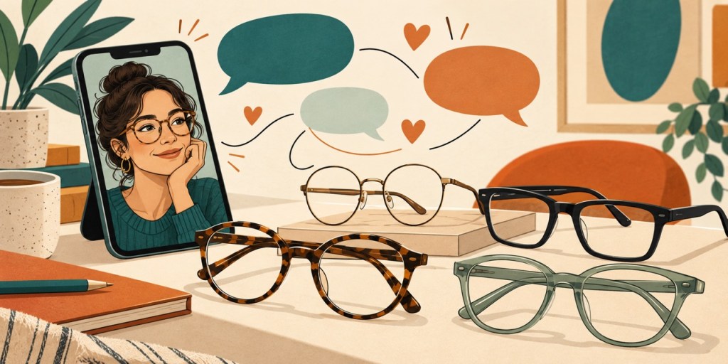 Eyeglass frames beside a smartphone portrait, with speech bubbles representing customer conversations.