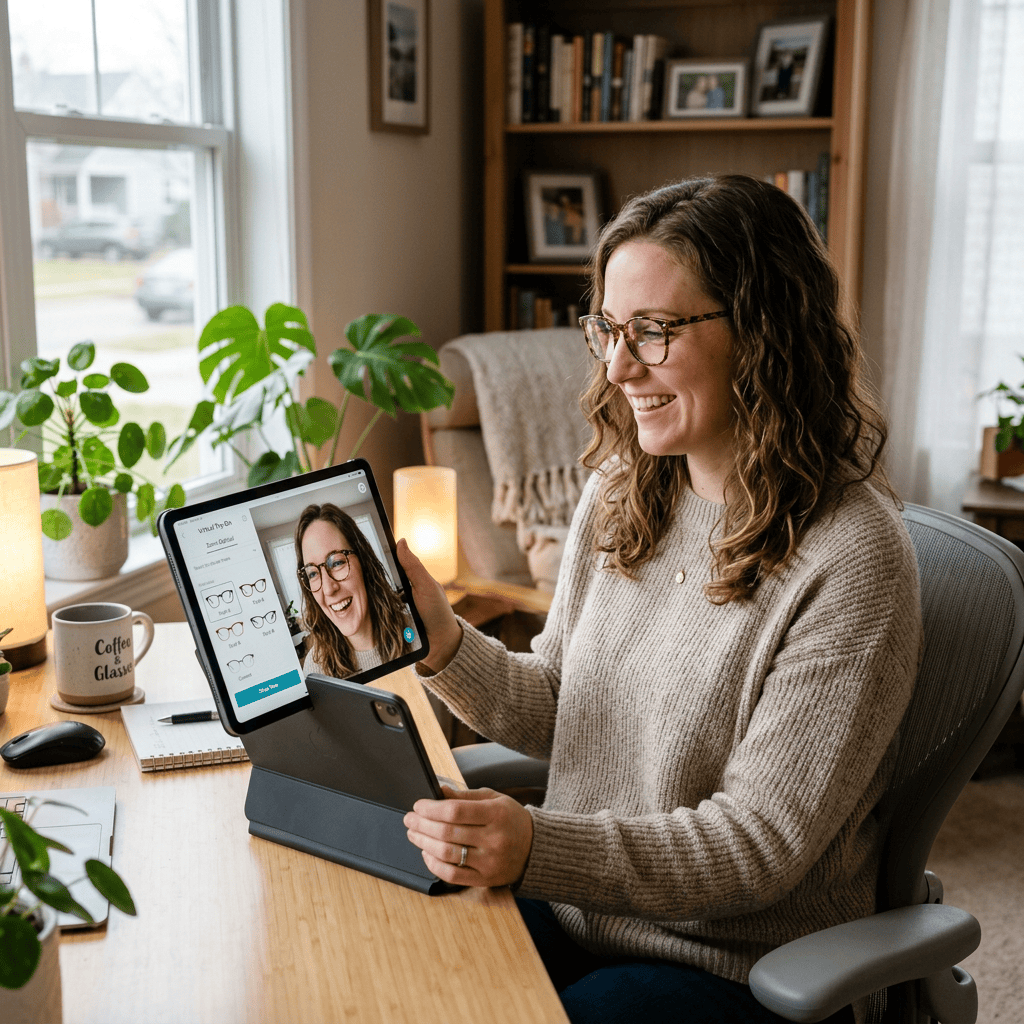 Woman holding tablet displaying a virtual eyeglass consultation